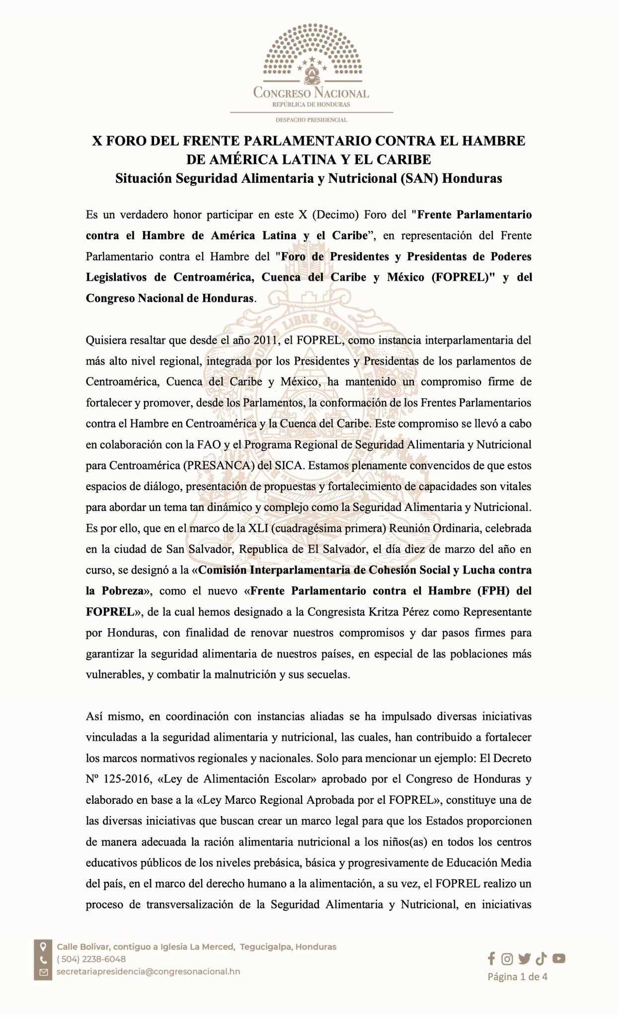 Presidente Luis Redondo participa del X Foro del Frente Parlamentario contra el Hambre de América Latina y el Caribe